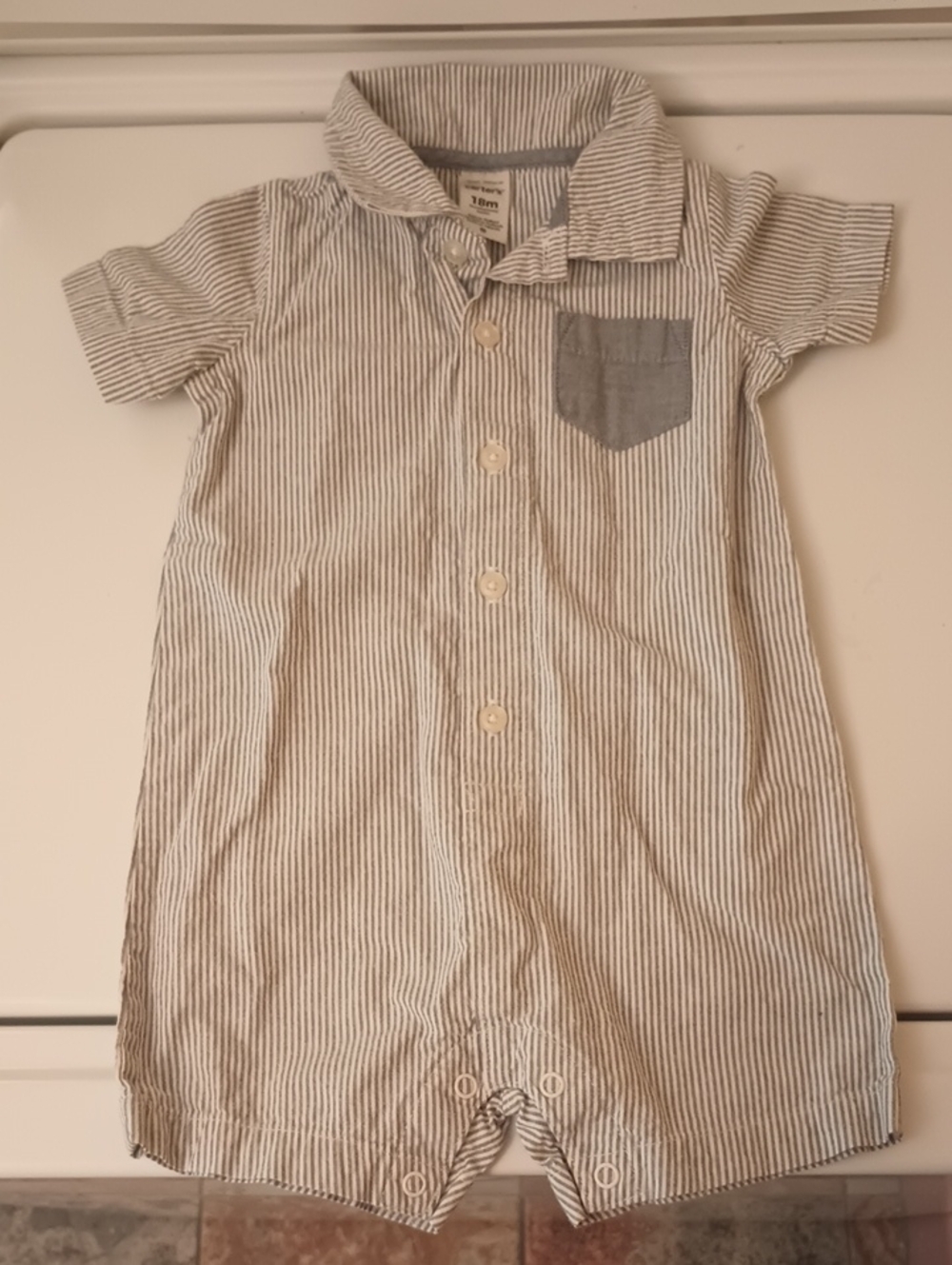 Carter's 100%cotton White and Blue Striped Romper with Solid Pocket